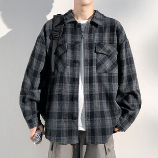 港风衬衫式夹克男春秋季潮牌宽松格子外套青少年休闲百搭翻领上衣