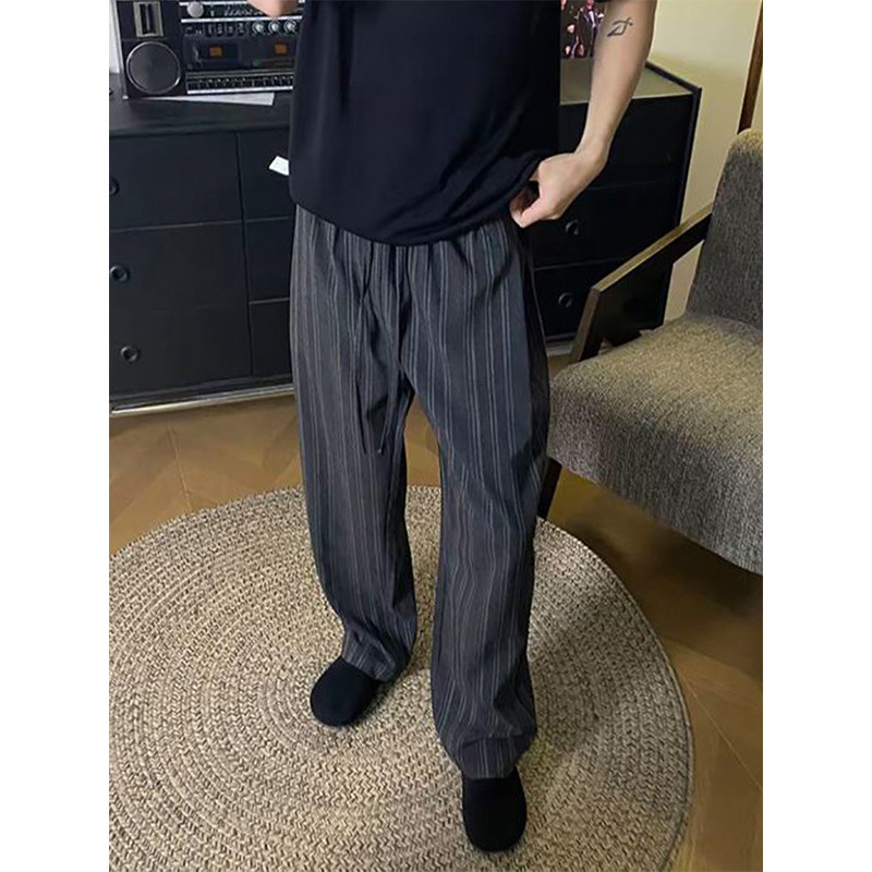 黑色条纹仿亚麻老钱风裤子男款夏薄款高级感轻奢直筒垂坠休闲西裤
