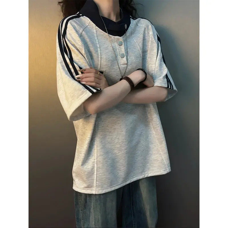美式复古条纹polo衫短袖男夏季拼接撞色立领t恤学院风情侣装半袖