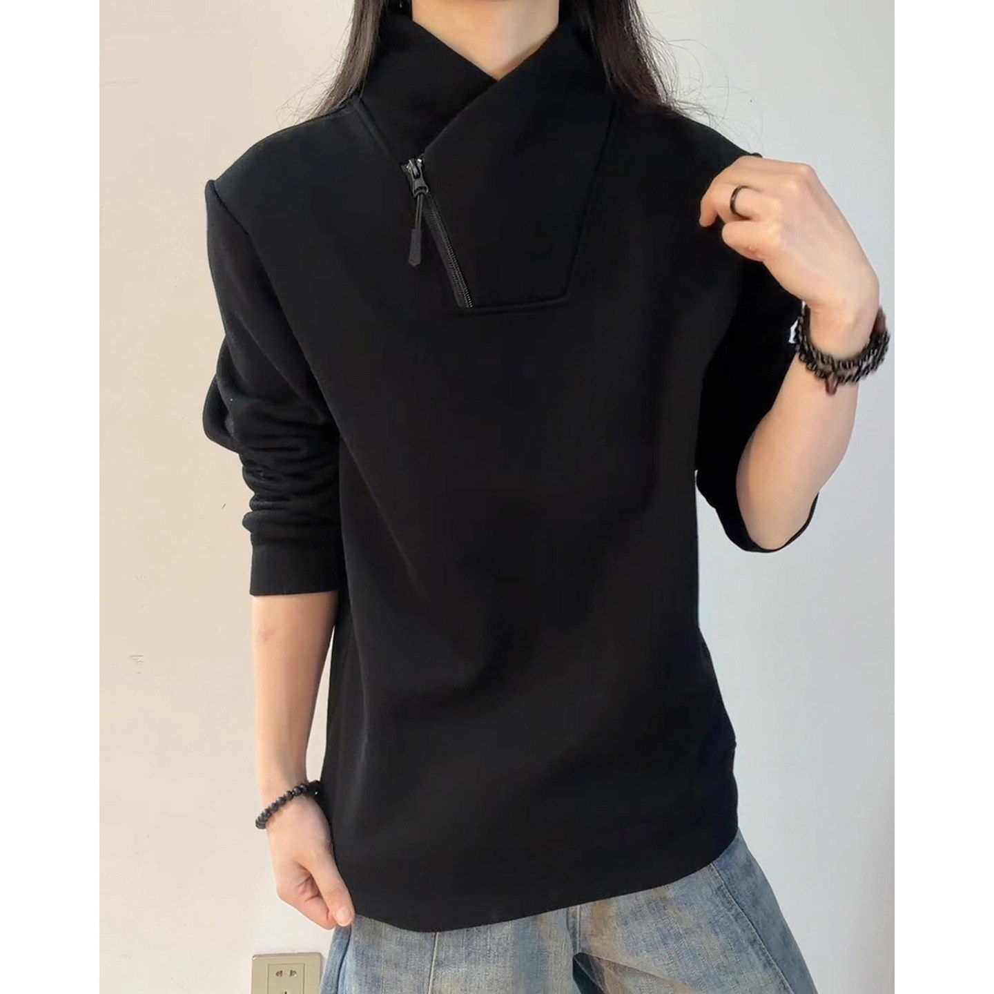 cleanfit黑色斜拉链卫衣男美式高街冬季加绒长袖t恤v领内搭打底衫