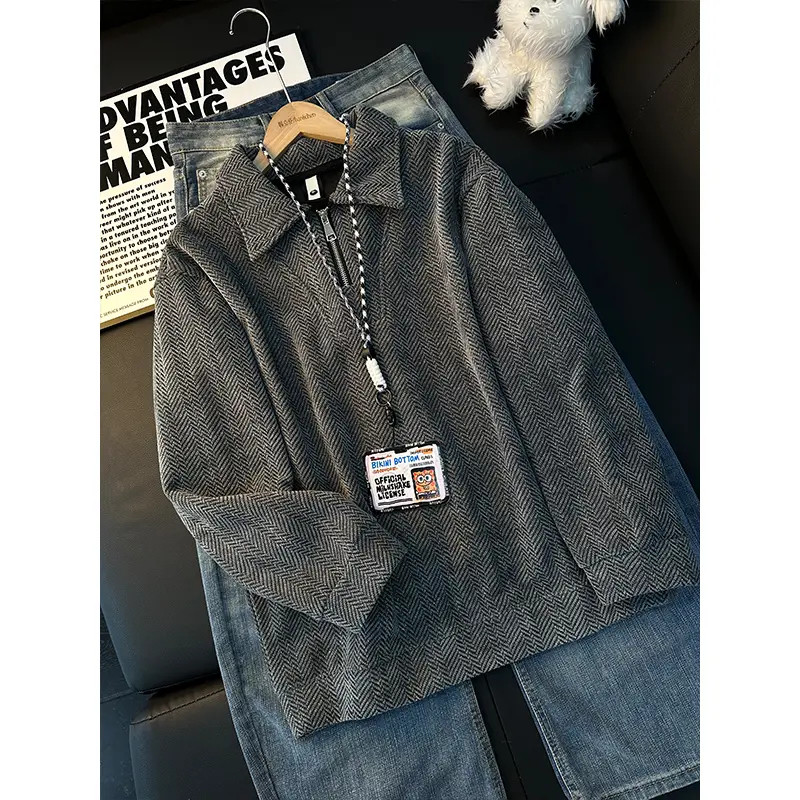 灰色满天星半拉链卫衣男款秋加绒小香风针织POLO衫高级感情侣外套