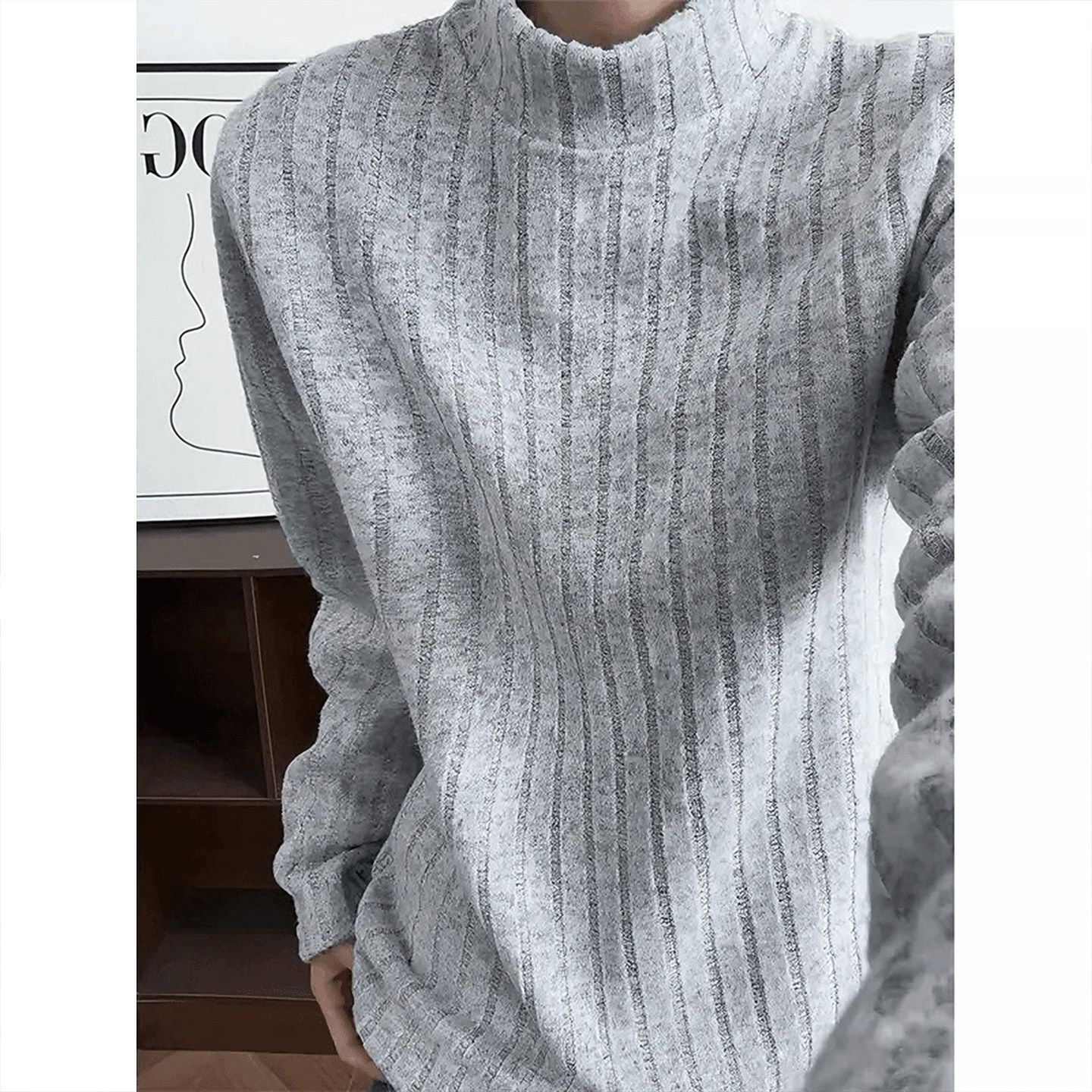 坑条半高领内搭打底衫男款冬季加绒加厚宽松长袖T恤慵懒感针织衫