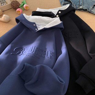 藏蓝色排扣半高领连帽卫衣男女秋冬加绒加厚美式重磅硬挺慵懒外套