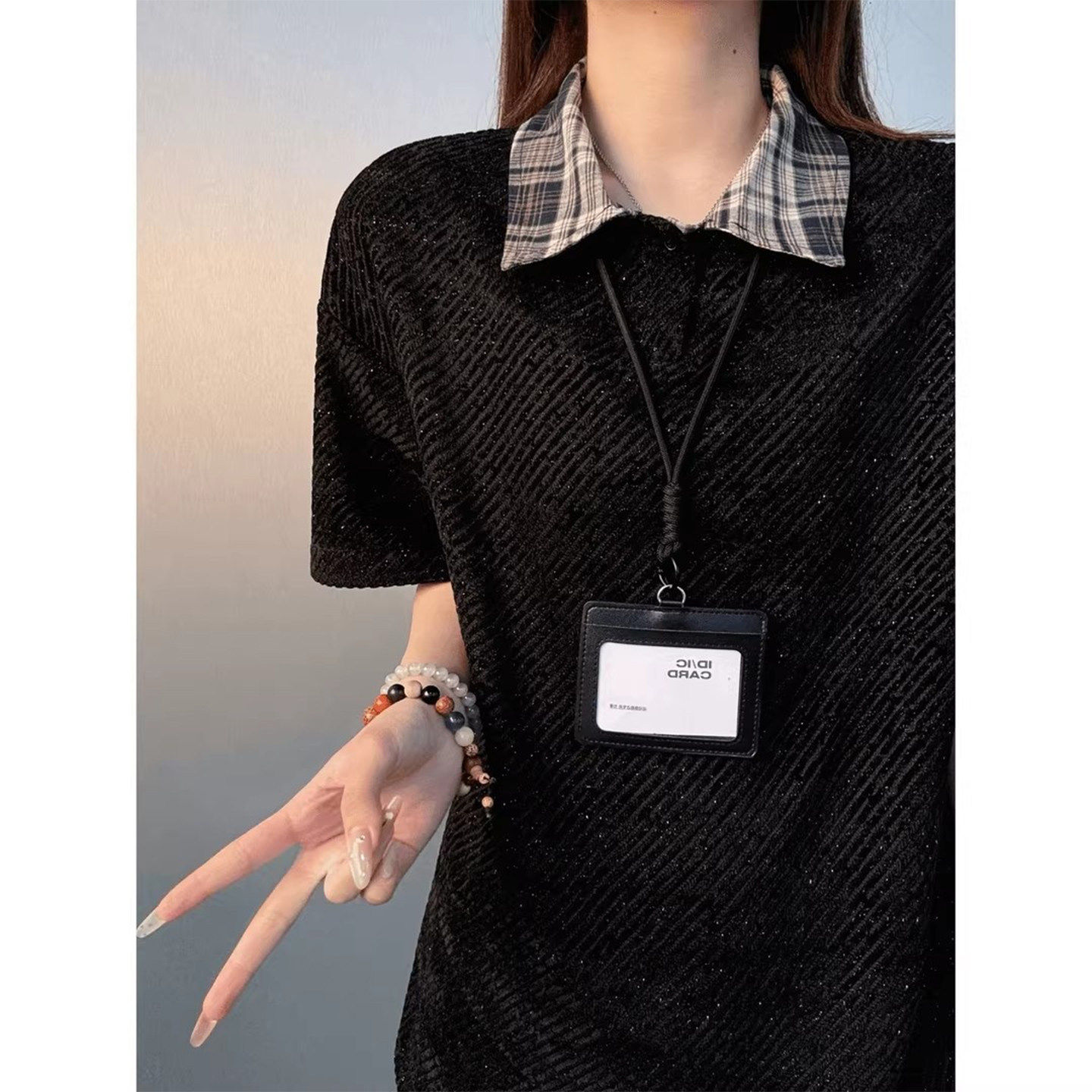 黑色重磅满天星短袖t恤男款夏季美式复古正肩POLO衫情侣五分半袖