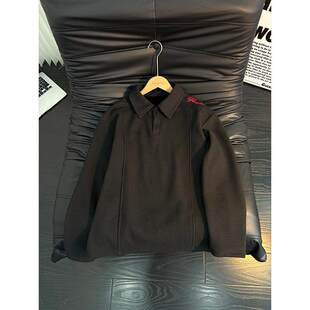 美式黑色刺绣polo衫男款冬加绒厚内搭重磅硬挺卫衣华夫格长袖t恤