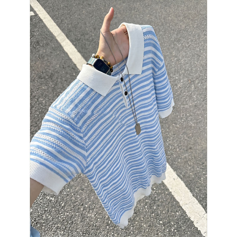 蓝白条纹镂空针织透气短袖Polo衫