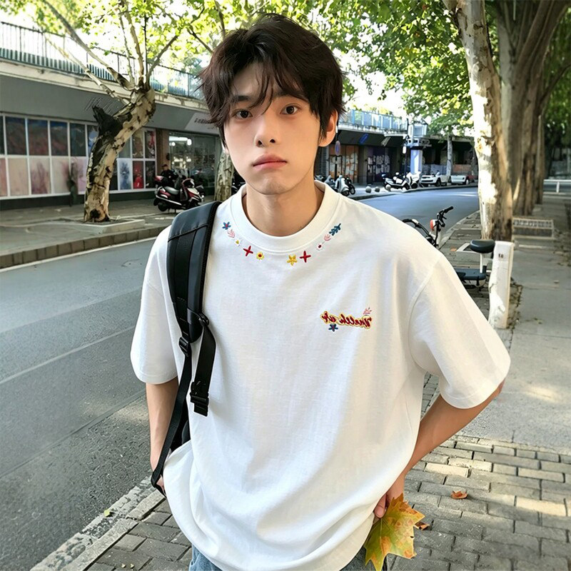 cleanfit刺绣短袖男女夏季款宽松百搭小众少年感设计感小领口半袖