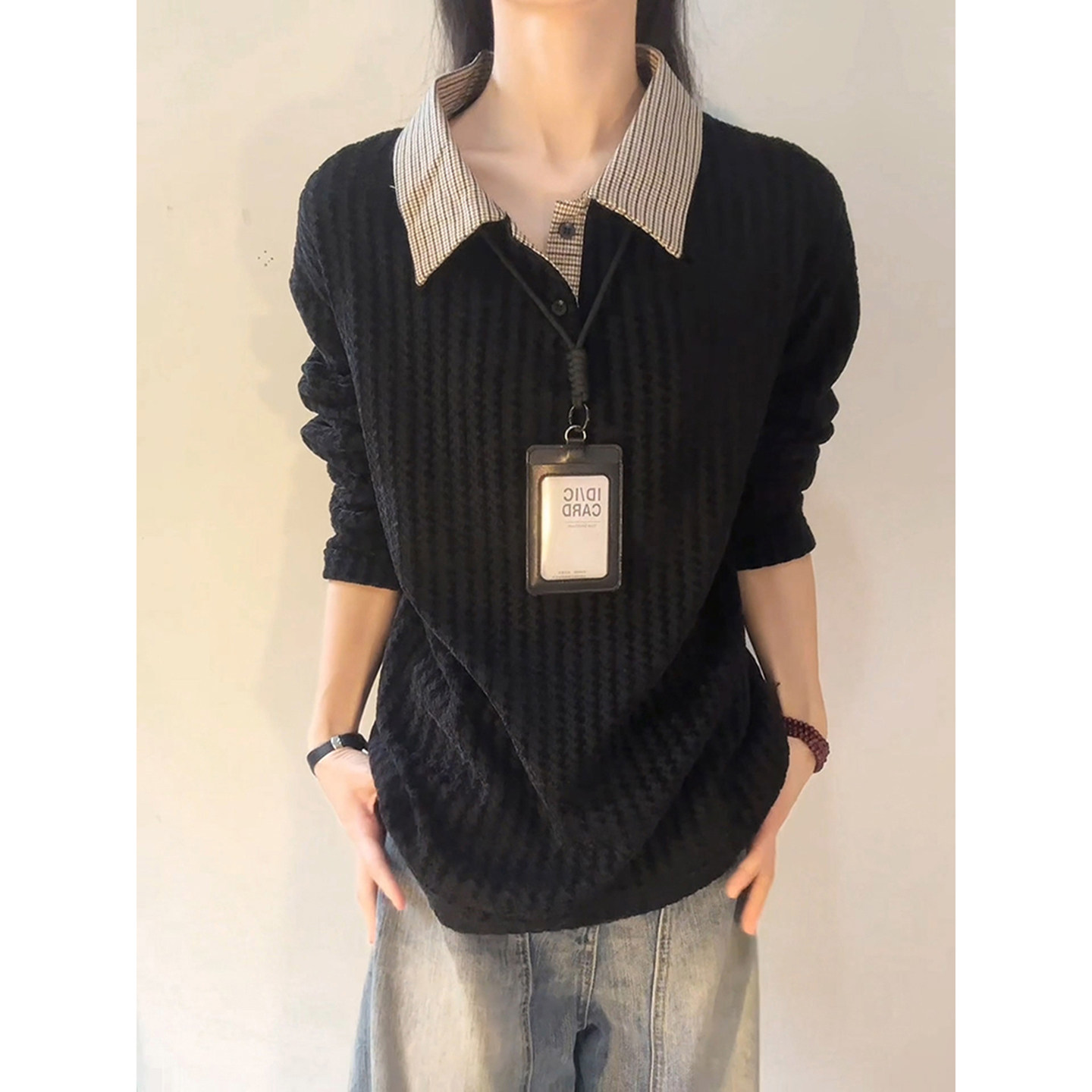 鱼骨纹长袖polo领男女款秋季拼接千鸟格卫衣高级感穿搭T恤打底衫