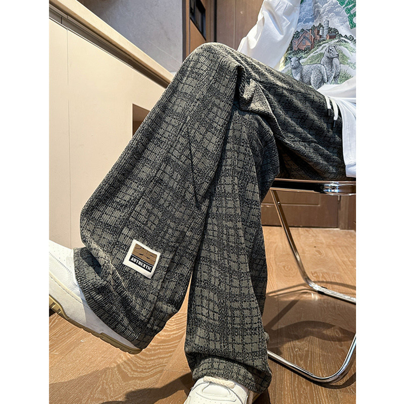 美式复古格子灯芯绒阔腿裤男女oversize宽松bf慵懒风直筒休闲裤子