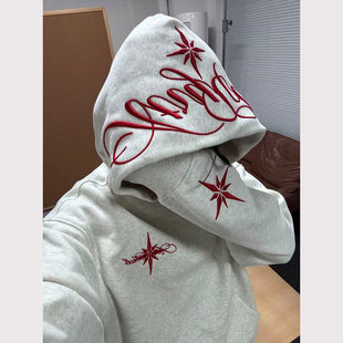 美式高街北极星刺绣连帽卫衣女秋冬新款加绒加厚重磅情侣帽衫外套