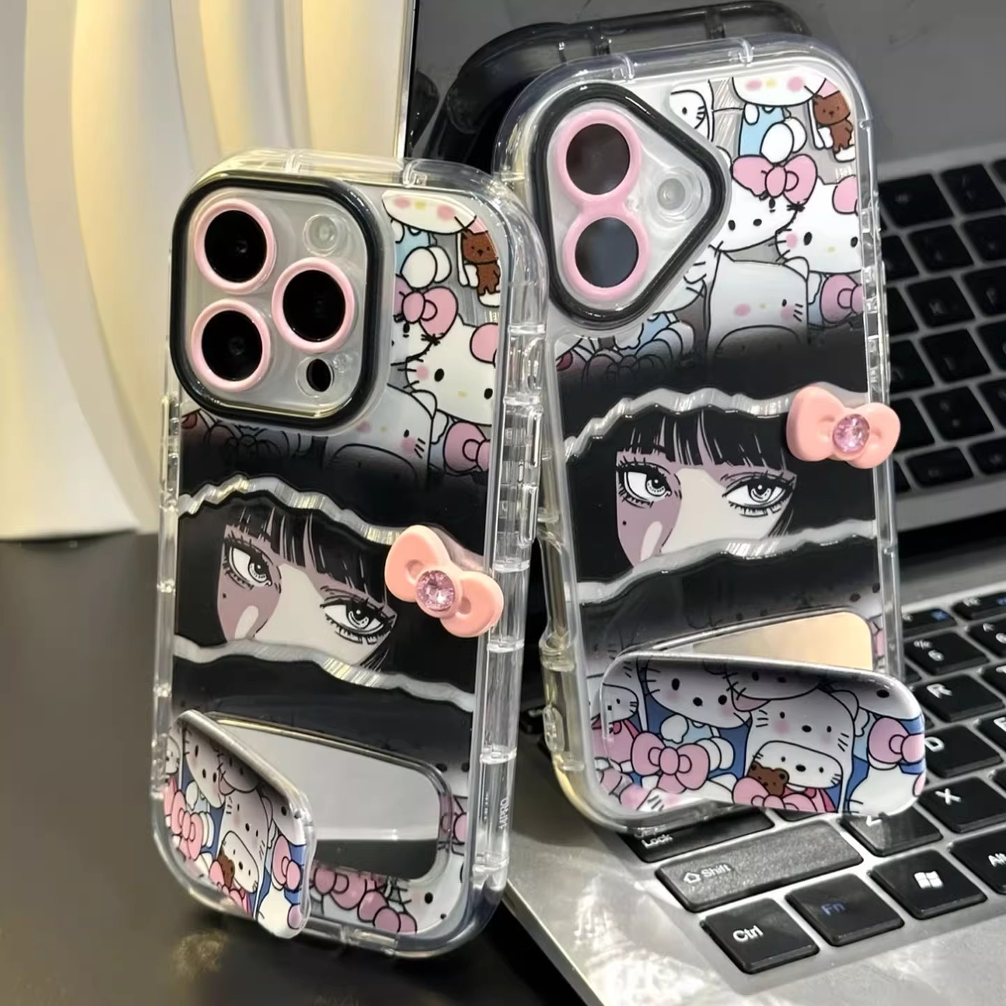 富江kitty镜面支架适用苹果16手机壳iPhone15promax新款vivos30华为pura80羽纱OPPOreno14小米15卡通女k80pro
