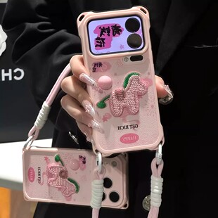 马年粉球刺绣小马四角挂绳适用苹果17手机壳iPhone16/15/14promax新年华为nova15卡通pura80女vivox300小米17
