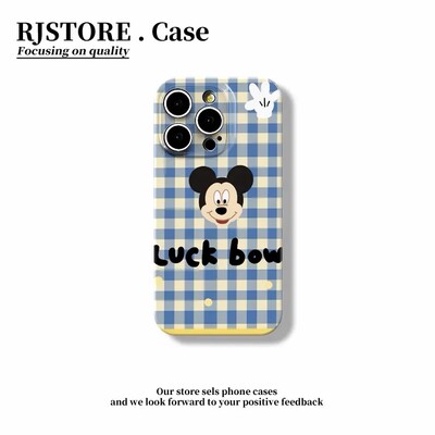 蓝白格纹米奇适用苹果16手机壳