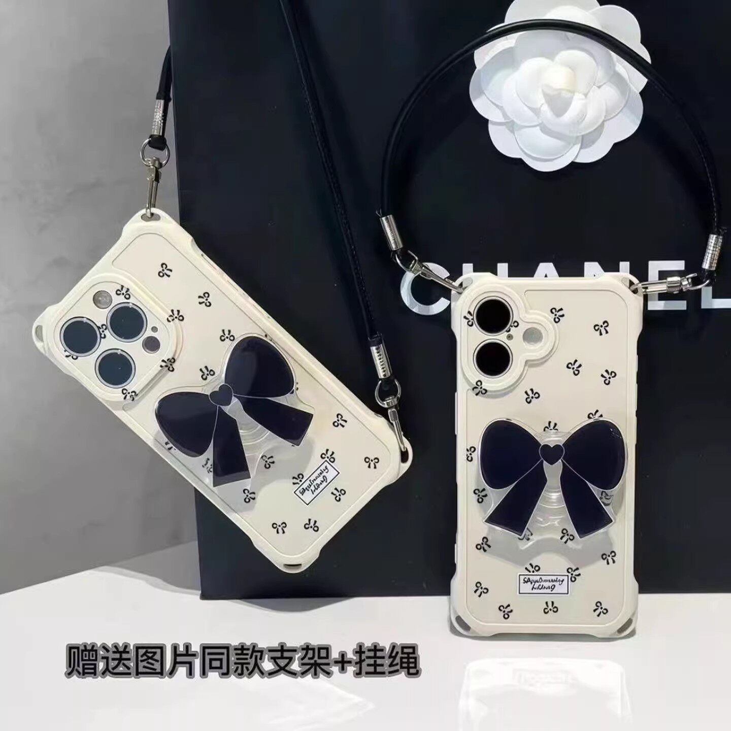 黑色小蝴蝶结适用苹果17手机壳iPhone16promax新款华为pura80高级女vivos30四角挂绳OPPOreno14全包小米15pro