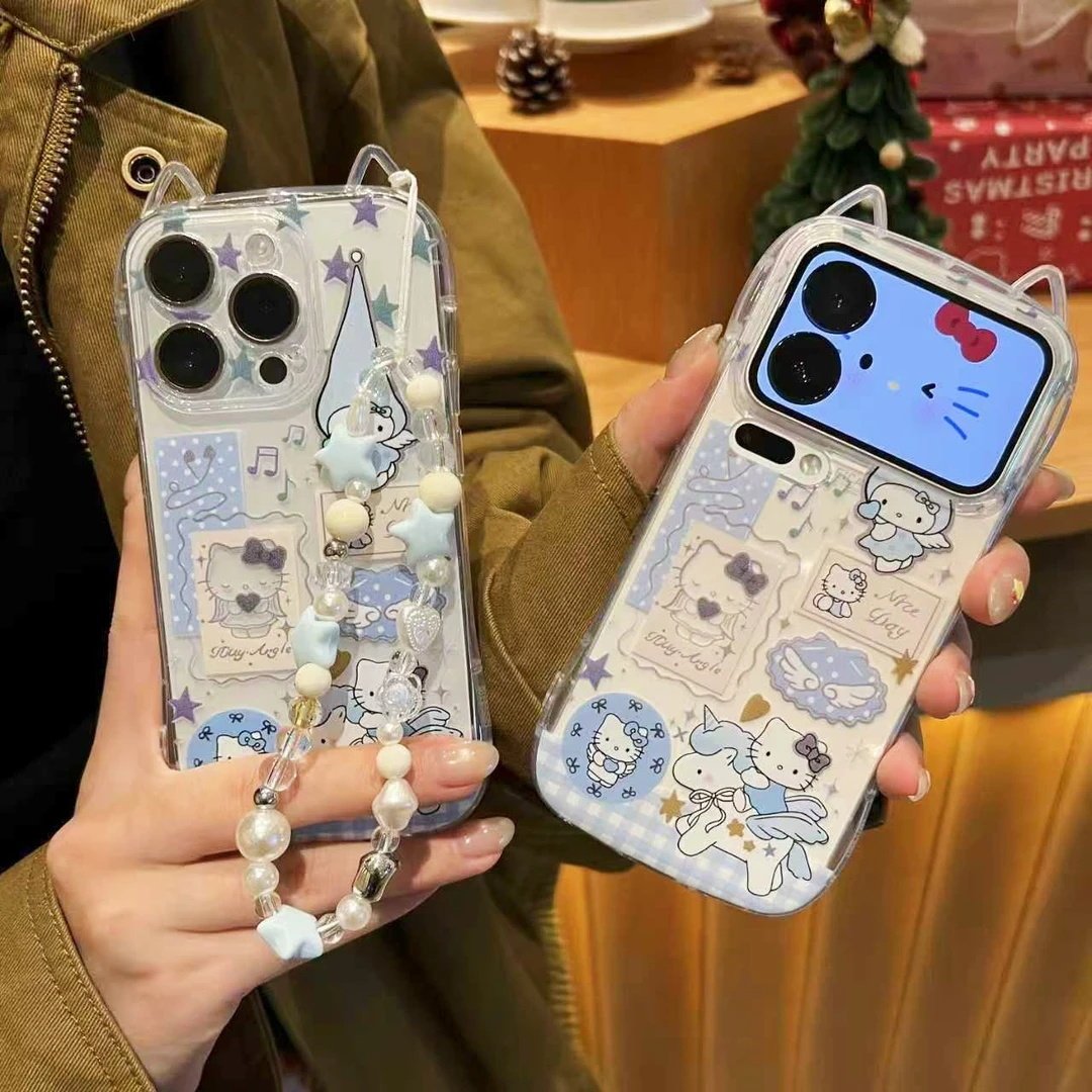猫耳朵爱心天使猫手链适用苹果17手机壳iPhone16/15/14/13prmax可爱vivos50透明OPPO红米turbo4pro华为nova15