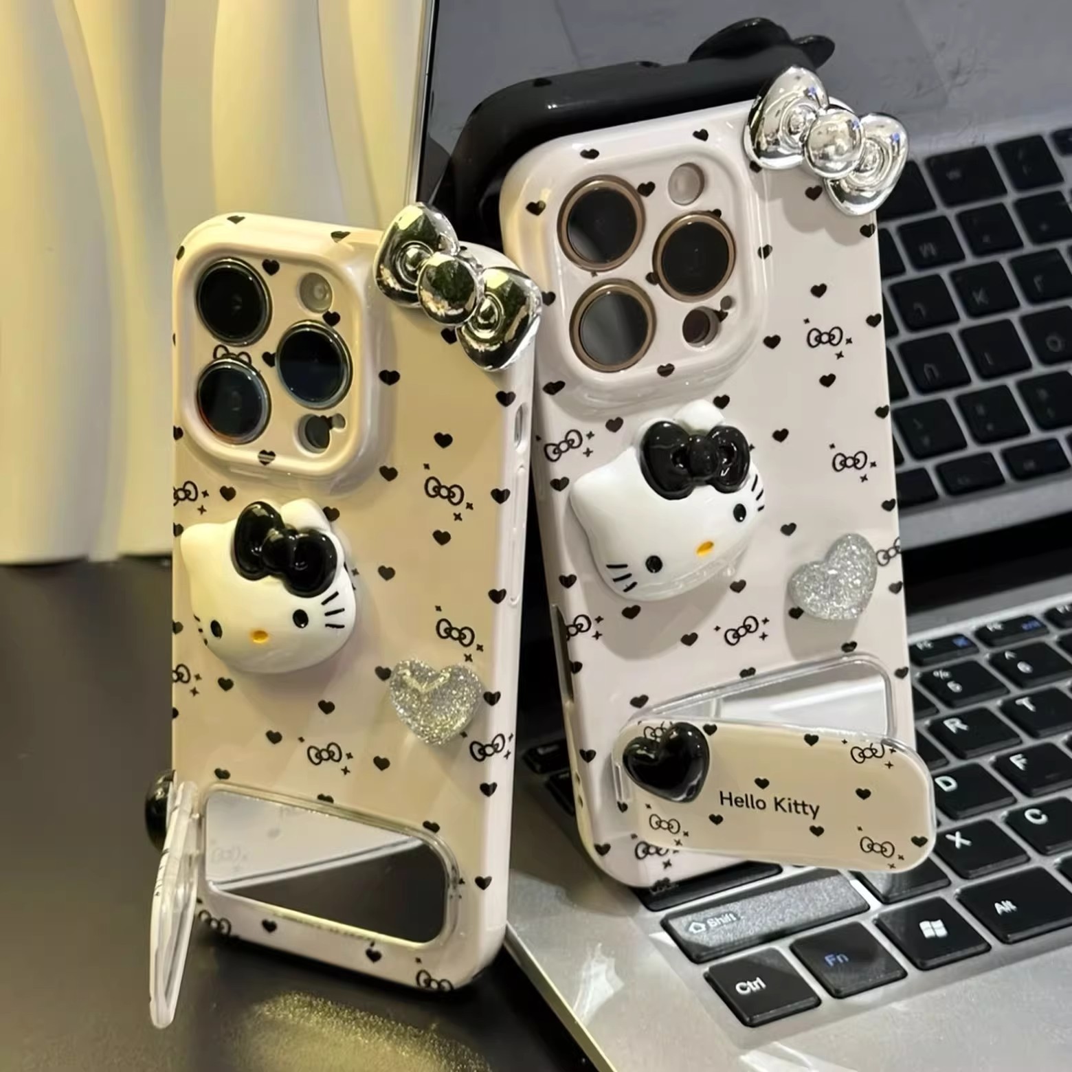 波点爱心Kitty镜子支架适用苹果16promax手机壳华为p80新款vivos30菲林OPPOreno14可爱女mate70硬壳小米15pro
