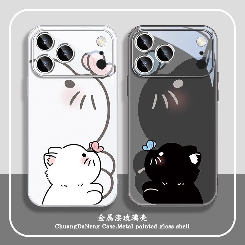 情侣蝴蝶黑白小猫适用苹果17玻璃手机壳iPhone16promax新款vivox200s华为mate70卡通nova14全包OPPO小米15pro