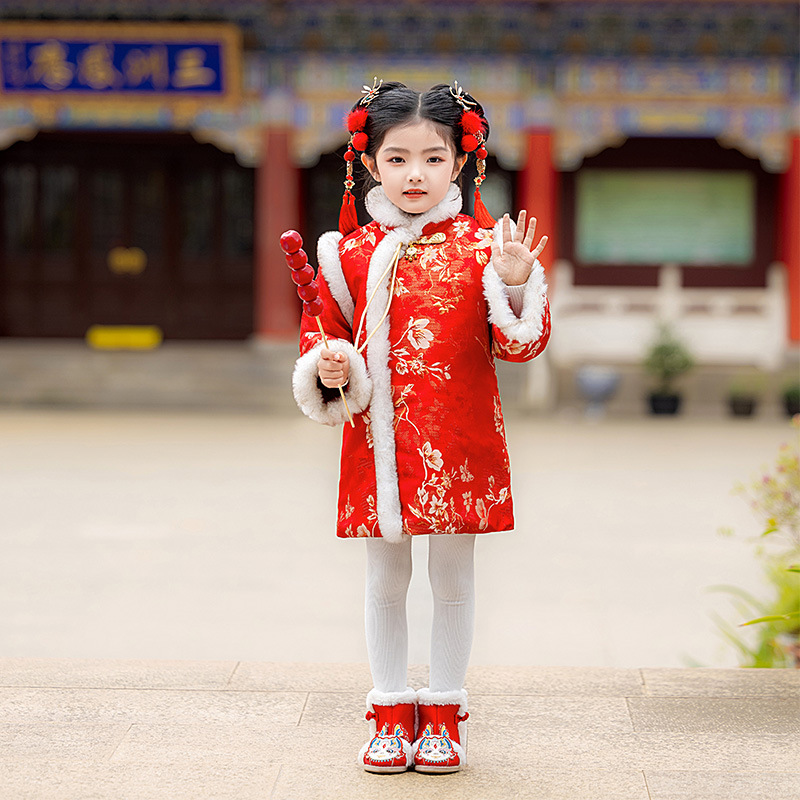 桃花朵朵开演出服装喜庆舞蹈服儿童女秋冬季日常可穿旗袍幼儿表演