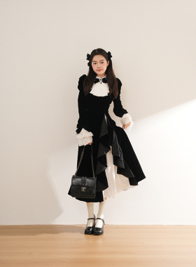 次元魔女 冬季新款日系哥特优雅大小姐设计感立领收腰显瘦连衣裙
