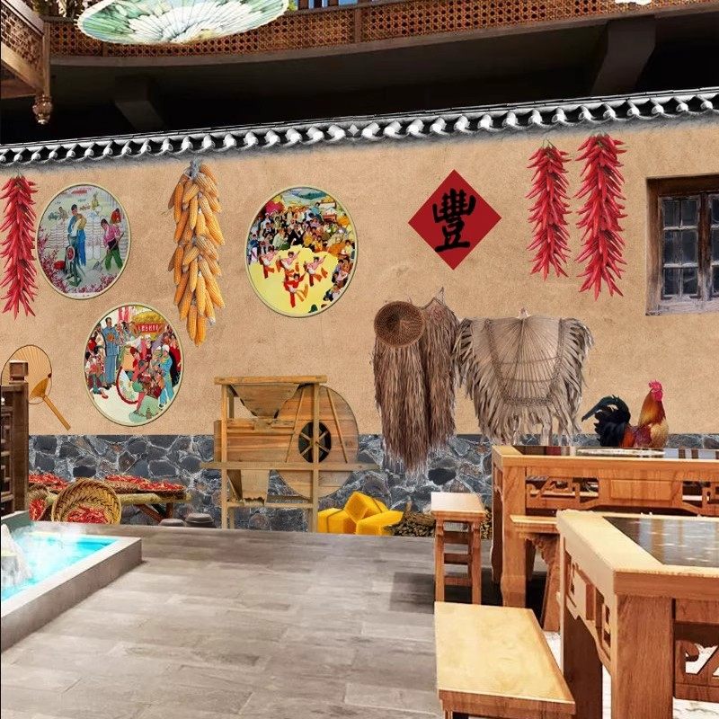 饭店餐饮店专用墙纸农家乐老房子怀旧壁纸火锅店壁画8d直播背景墙,家装主材,定制壁画,淘宝优惠券,粉丝福利购,淘宝优惠卷