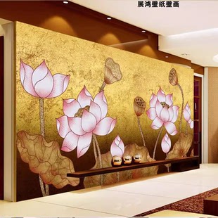 敦煌背景墙纸佛堂佛室教堂壁画飞天仕女图壁纸瑜伽古筝荷花墙布