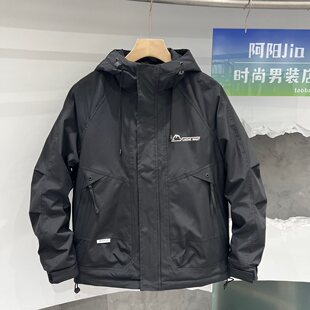 男士秋冬新款连帽二棉夹克纯色上衣流行百搭青年工装休闲冲锋衣