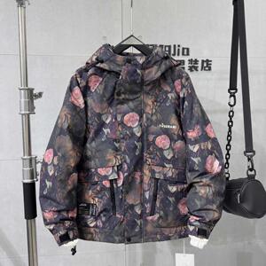 男士冬款加厚连帽羽绒服东北玫瑰花时尚防寒服潮流韩式宽松外穿款