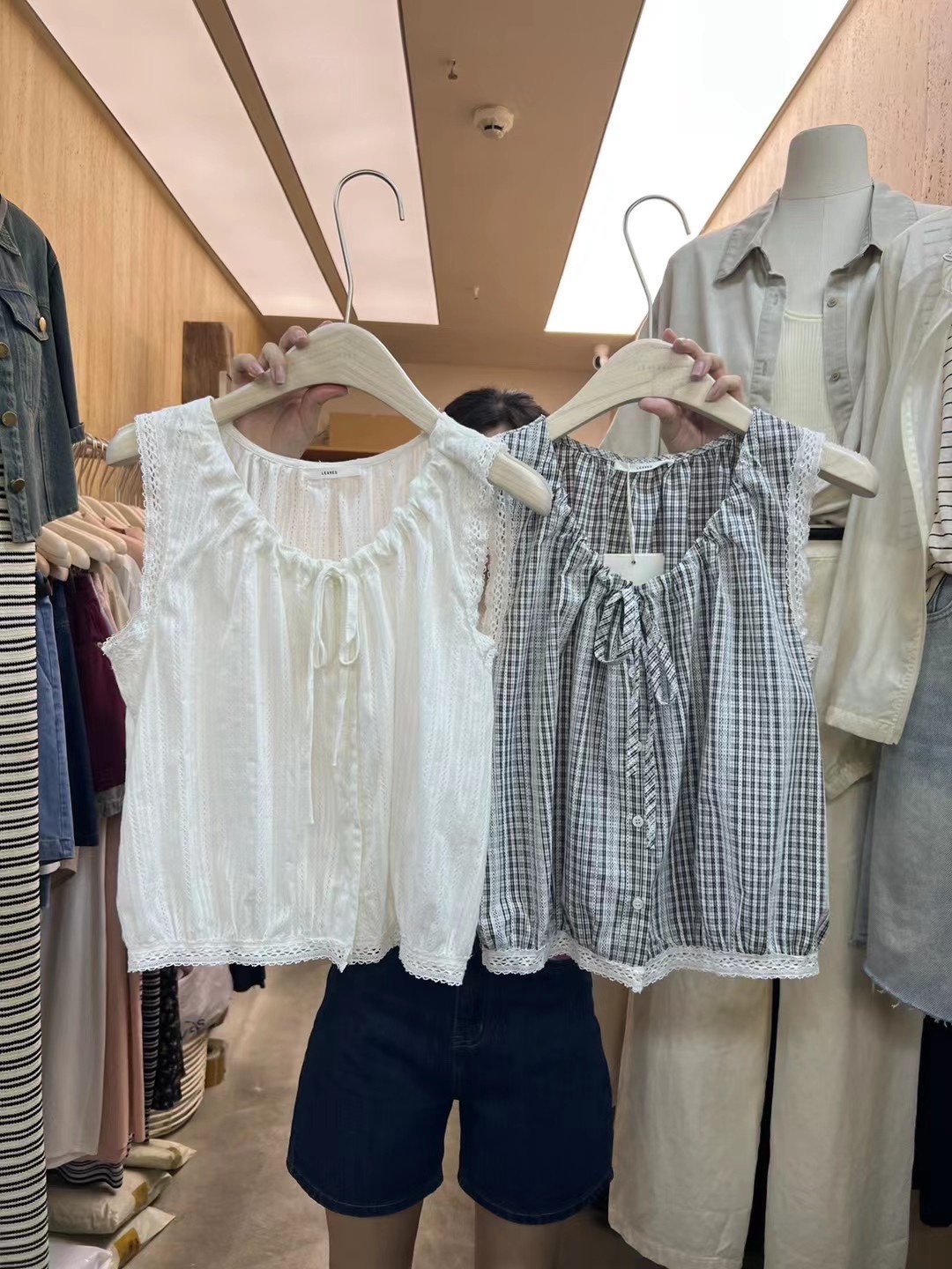 设计感系带无袖衬衫格子