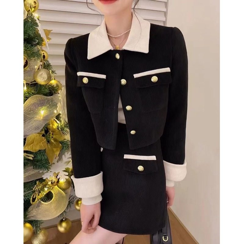 2023秋冬新款法式名媛小香风撞色外套+短半身裙灯芯绒两件套装女,女装/女士精品,时尚套装,淘宝优惠券,粉丝福利购,淘宝优惠卷