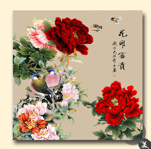 自粘式可定制背景墙方形牡丹