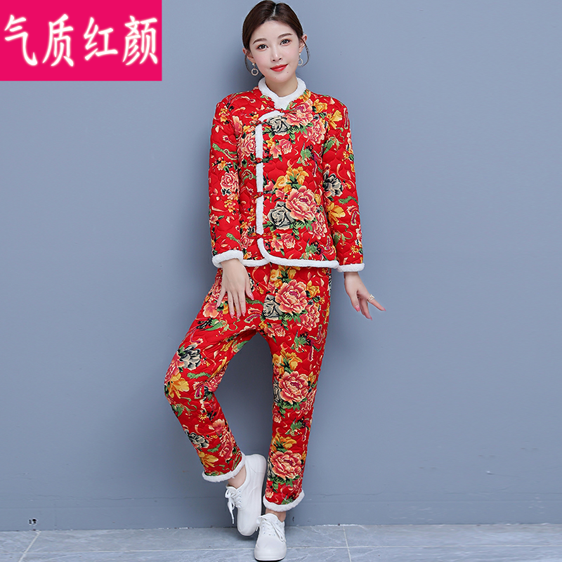 东北大花袄女冬季民族风加棉加厚棉袄中国风国潮唐装棉衣棉裤套装