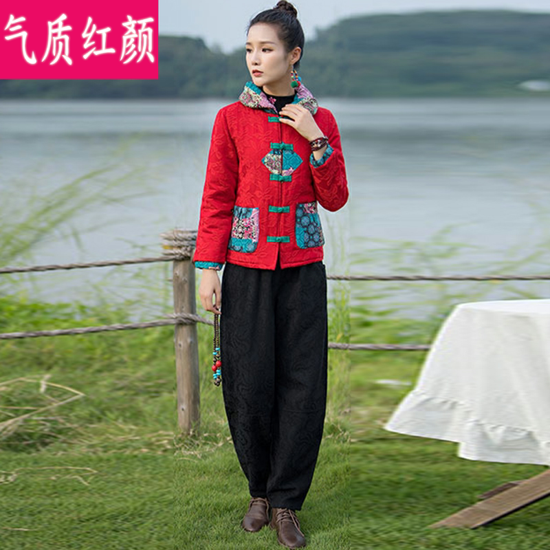 中式复古唐装小棉袄棉麻套装女冬季民族风大码加厚棉衣棉服两件套