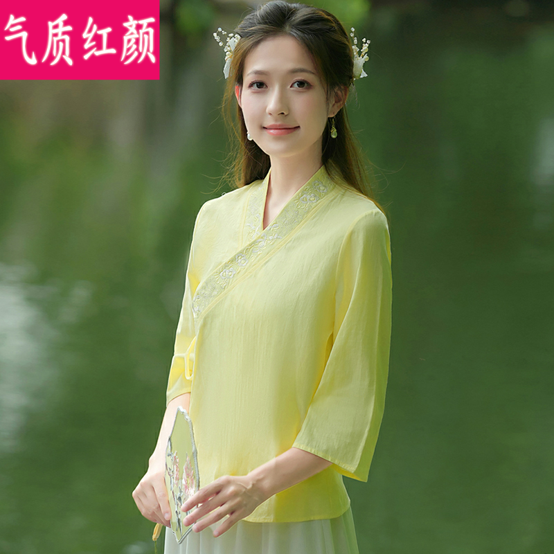 中国风日常改良汉服交领上衣春夏民国风大码女装棉麻绣花禅意茶服