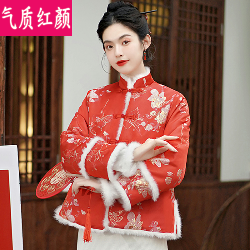 中国风红色唐装棉袄女冬季中式汉服改良旗袍外套加厚保暖棉衣棉服