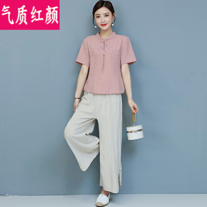 中式唐装夏季中国风禅意女装棉麻茶服禅修服居士服瑜伽服短袖套装