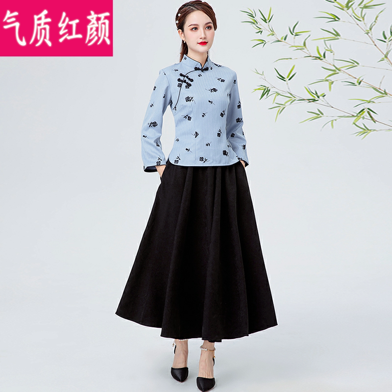 秋冬民国女装改良旗袍上衣中式唐装套装复古汉服女中国风长袖茶服