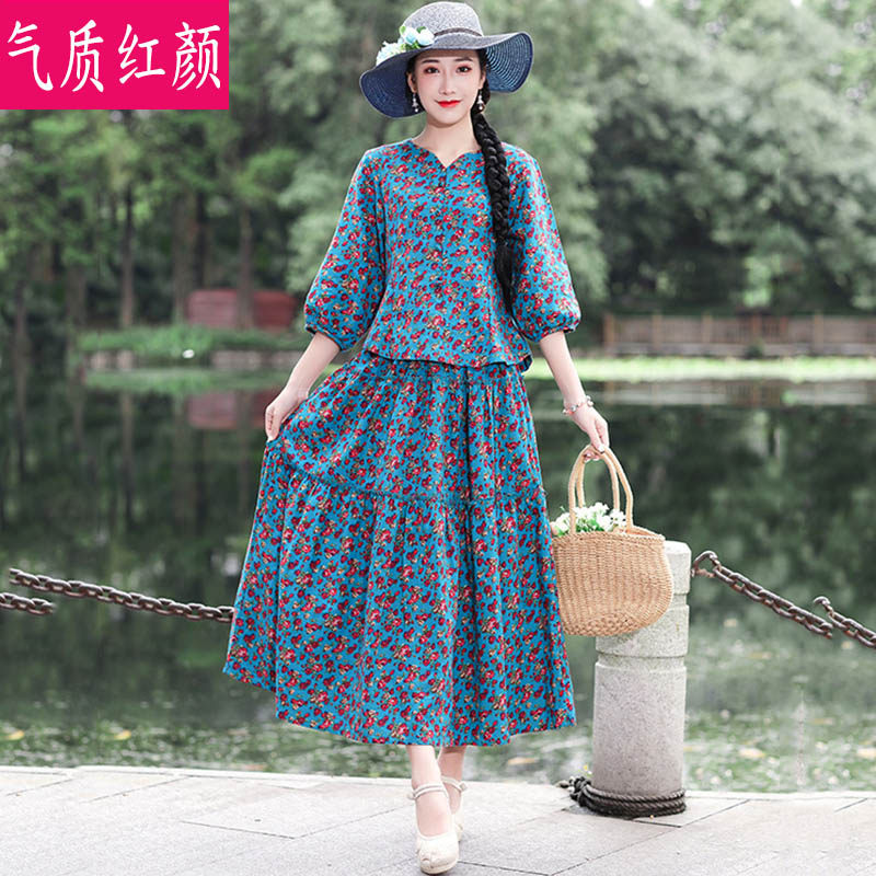 民族风女装中式服装复古洋气中袖上衣裙子两件套女棉麻碎花套装裙