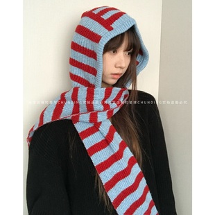 搭配小巧思~韩系条纹针织帽子围巾一体女冬季保暖护耳毛线帽围脖