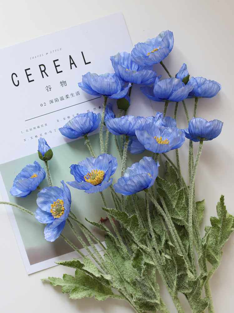 【高端】蓝色虞美人仿真花花束客厅摆件干花装饰罂粟花绢花假花