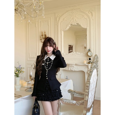 越韩小鱼 闪闪惹人爱 法式千金风夹棉外套外套珍珠半裙小香套装女