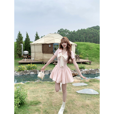 法式少女蝴蝶结粉色连衣裙