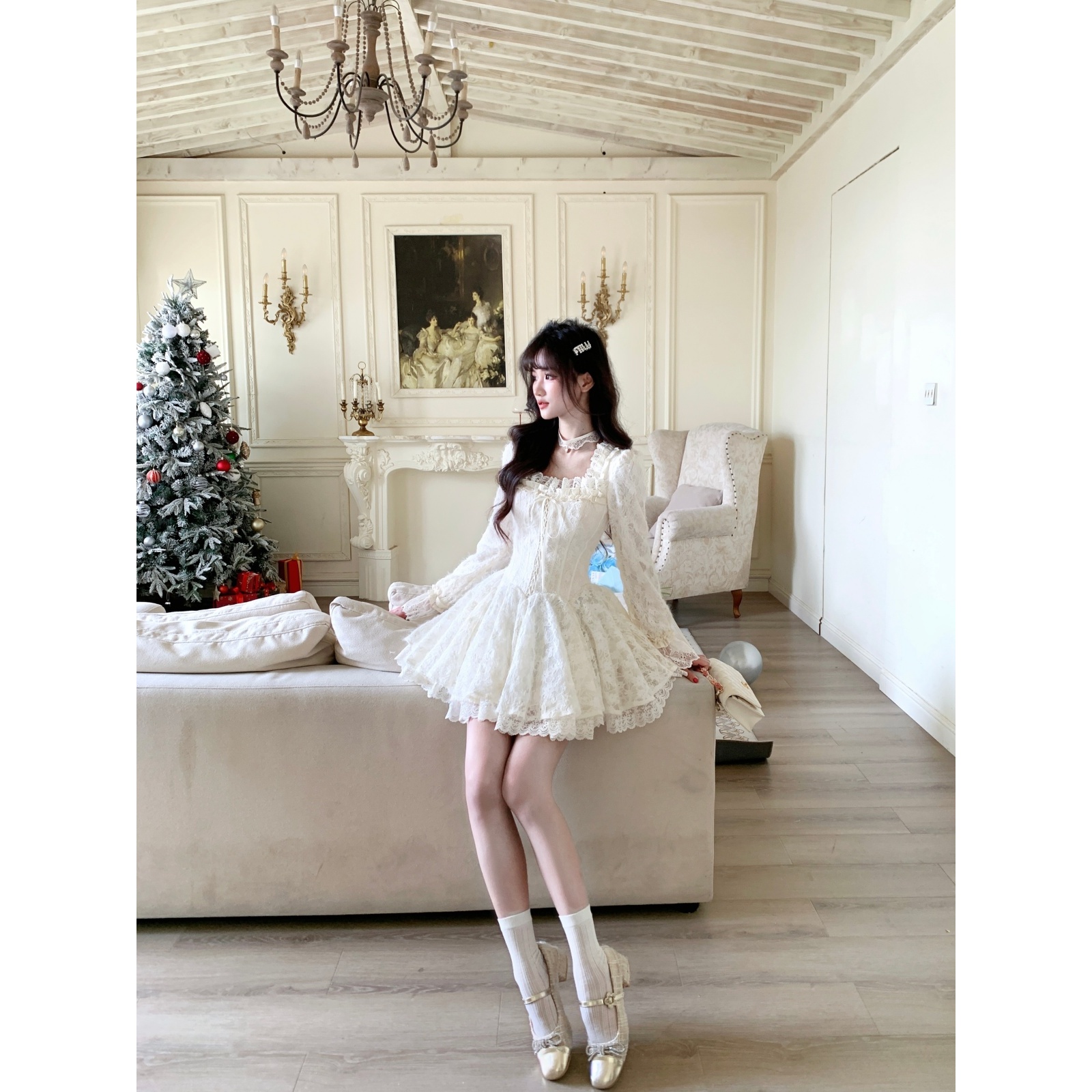 越韩小鱼 芭蕾之羽 法式重工蕾丝边千金风连衣裙生日公主蓬蓬裙女