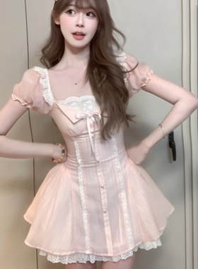 越韩小鱼Musefish 橘子水蜜桃 法式甜美泡泡袖粉连衣裙蕾丝公主裙