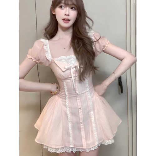 越韩小鱼Musefish 橘子水蜜桃 法式甜美泡泡袖粉连衣裙蕾丝公主裙