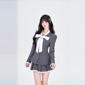 越韩小鱼 归国千金 学院千金风蕾丝拼接蝴蝶结收腰西装短裙套装春