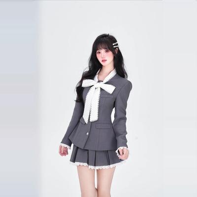 越韩小鱼 归国千金 学院千金风蕾丝拼接蝴蝶结收腰西装短裙套装秋