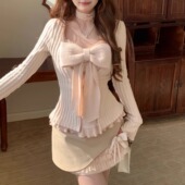 越韩小鱼 女 收腰纯欲少女针织上衣高腰半裙两件套装 樱岛之恋 法式