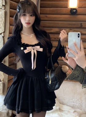 越韩小鱼 香榭芭蕾 富家千金感连衣裙女2025春季黑色纯欲蓬蓬短裙