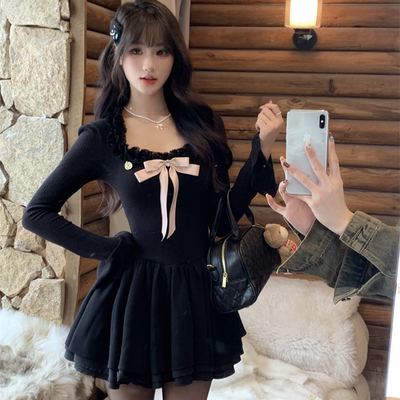 香榭芭蕾黑色纯欲千金感连衣裙女