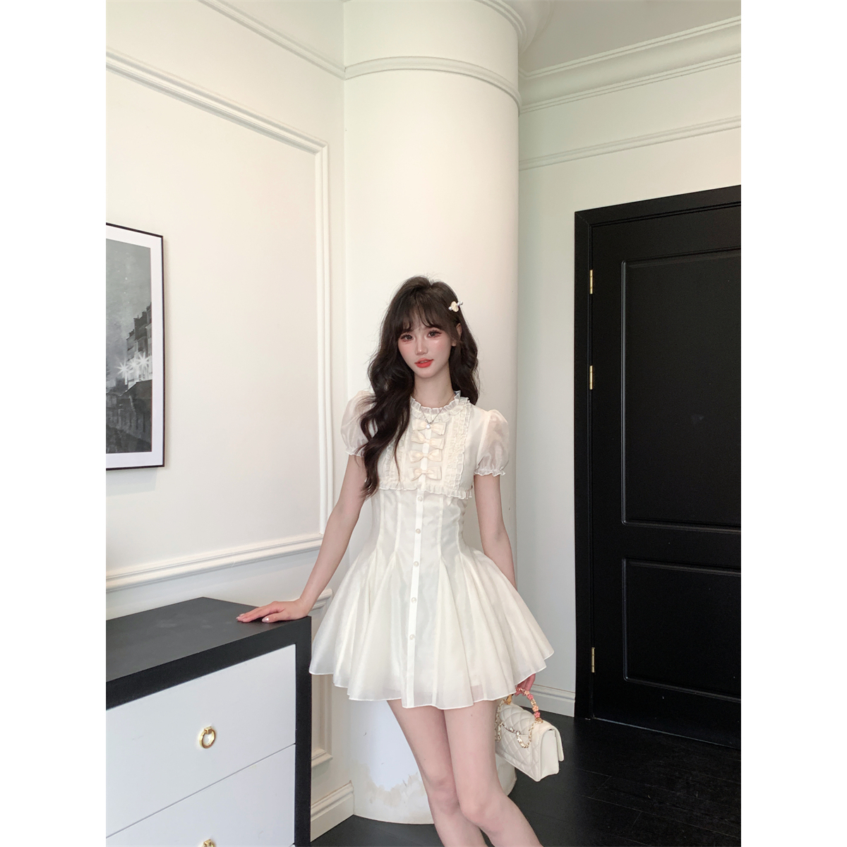 越韩小鱼 雾野山茶 法式重工甜美泡泡袖网纱连衣裙夏季显瘦气质裙